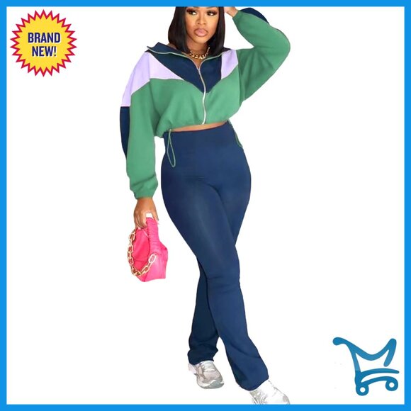 Two Piece Set Zip Up Cropped Jacket High Waist Flare Pants Casual Chic - Picture 1 of 7